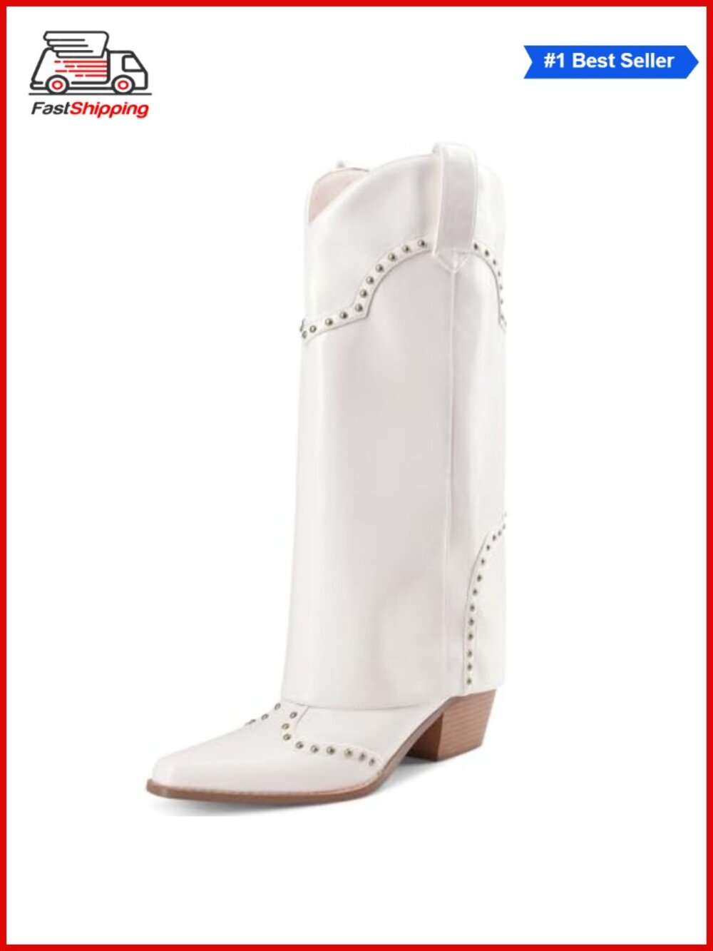 Faux Leather Knee High Cowboy Boots Fold Over Snip Toe Block Heel Women's